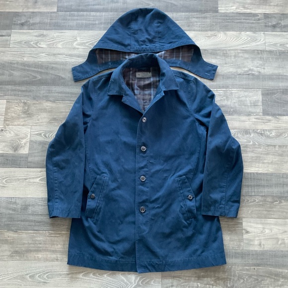 Gap Hooded Mac Jacket Coat Men’s LARGE Navy Blue Chambray Lined Cotton - Picture 2 of 10